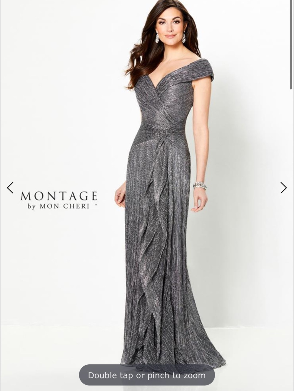 Montage by Mon Cheri Silver off the Shoulder pleated Metallic Gown size 12